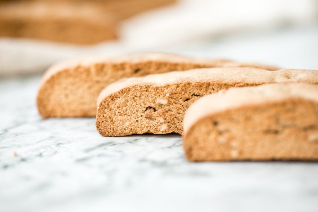 Small batch almond biscotti are crunchy, crumbly and packed with almonds, perfect for dunking into tea or coffee, and they are super easy to make. | aheadofthyme.com