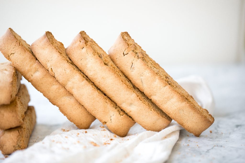 Small batch almond biscotti are crunchy, crumbly and packed with almonds, perfect for dunking into tea or coffee, and they are super easy to make. | aheadofthyme.com
