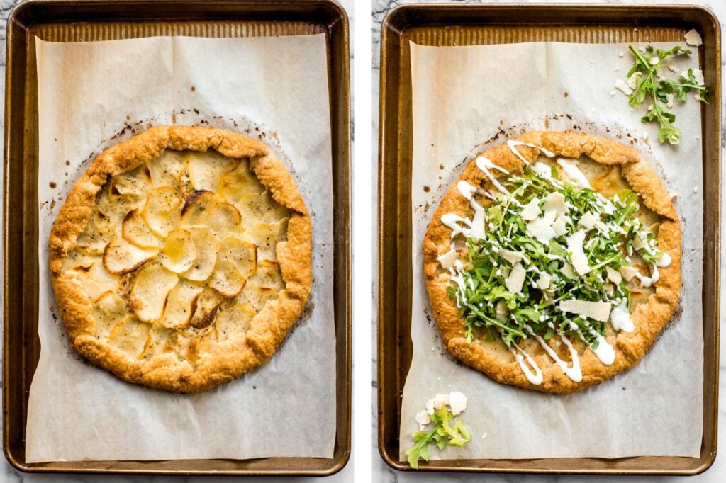 Potato galette with arugula and crème fraîche is a rich, light, and delicious savoury tart to serve for breakfast, lunch, or dinner. A total crowd-pleaser. | aheadofthyme.com