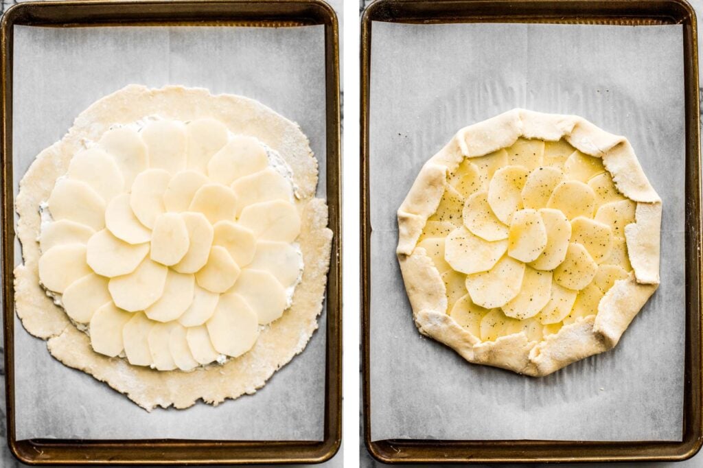 Potato galette with arugula and crème fraîche is a rich, light, and delicious savoury tart to serve for breakfast, lunch, or dinner. A total crowd-pleaser. | aheadofthyme.com