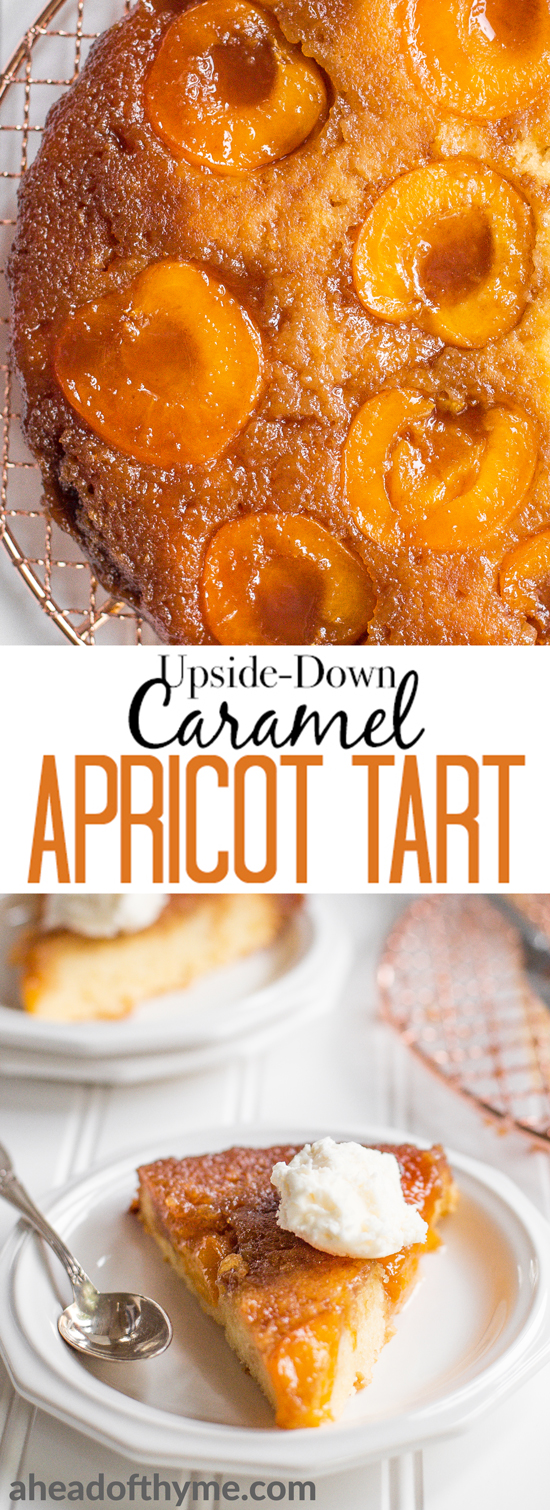 Apricots are finally here and it’s time to rejoice with a sweet, juicy, upside-down caramel apricot tart laced with flakey sea salt — it’s heaven! | aheadofthyme.com