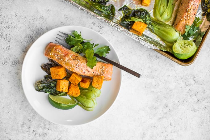 Sheet pan miso salmon with bok choy and sweet potatoes equals unbelievable bursts of umami flavour in every single bite. Plus it's on the table in 30 minutes AND is super easy to clean up! | aheadofthyme.com