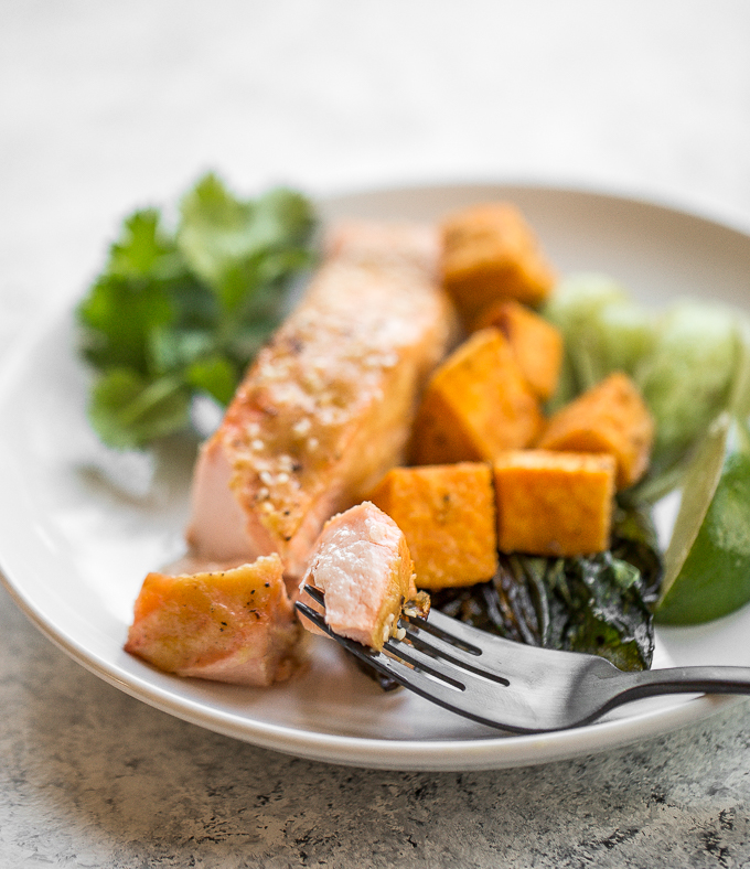 Sheet pan miso salmon with bok choy and sweet potatoes equals unbelievable bursts of umami flavour in every single bite. Plus it's on the table in 30 minutes AND is super easy to clean up! | aheadofthyme.com