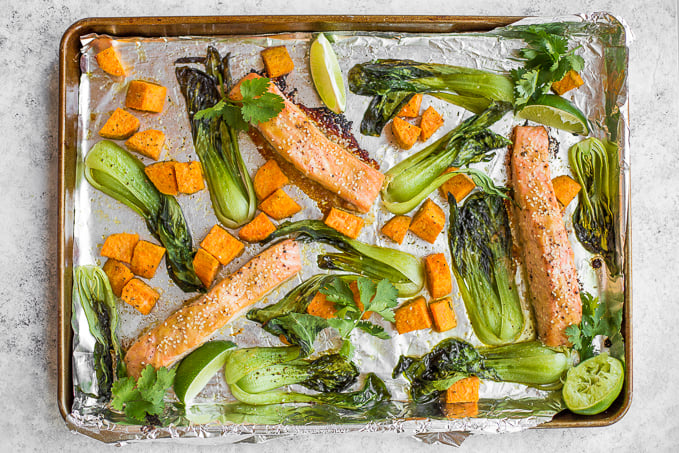 Sheet pan miso salmon with bok choy and sweet potatoes equals unbelievable bursts of umami flavour in every single bite. Plus it's on the table in 30 minutes AND is super easy to clean up! | aheadofthyme.com