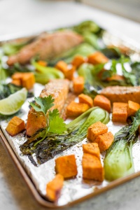Sheet pan miso salmon with bok choy and sweet potatoes equals unbelievable bursts of umami flavour in every single bite. Plus it's on the table in 30 minutes AND is super easy to clean up! | aheadofthyme.com