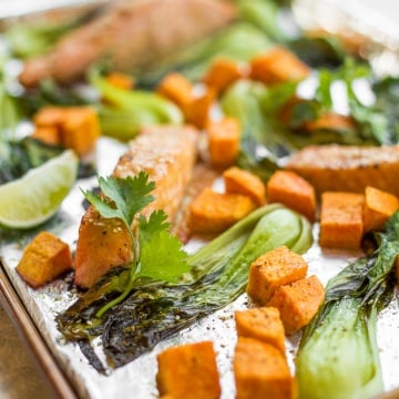 Sheet pan miso salmon with bok choy and sweet potatoes equals unbelievable bursts of umami flavour in every single bite. Plus it's on the table in 30 minutes AND is super easy to clean up! | aheadofthyme.com