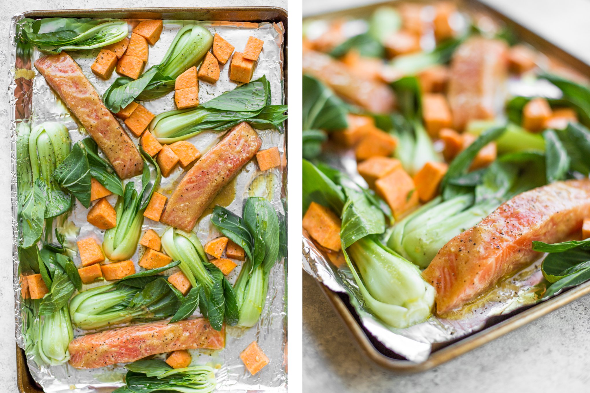 Sheet pan miso salmon with bok choy and sweet potatoes equals unbelievable bursts of umami flavour in every single bite. Plus it's on the table in 30 minutes AND is super easy to clean up! | aheadofthyme.com