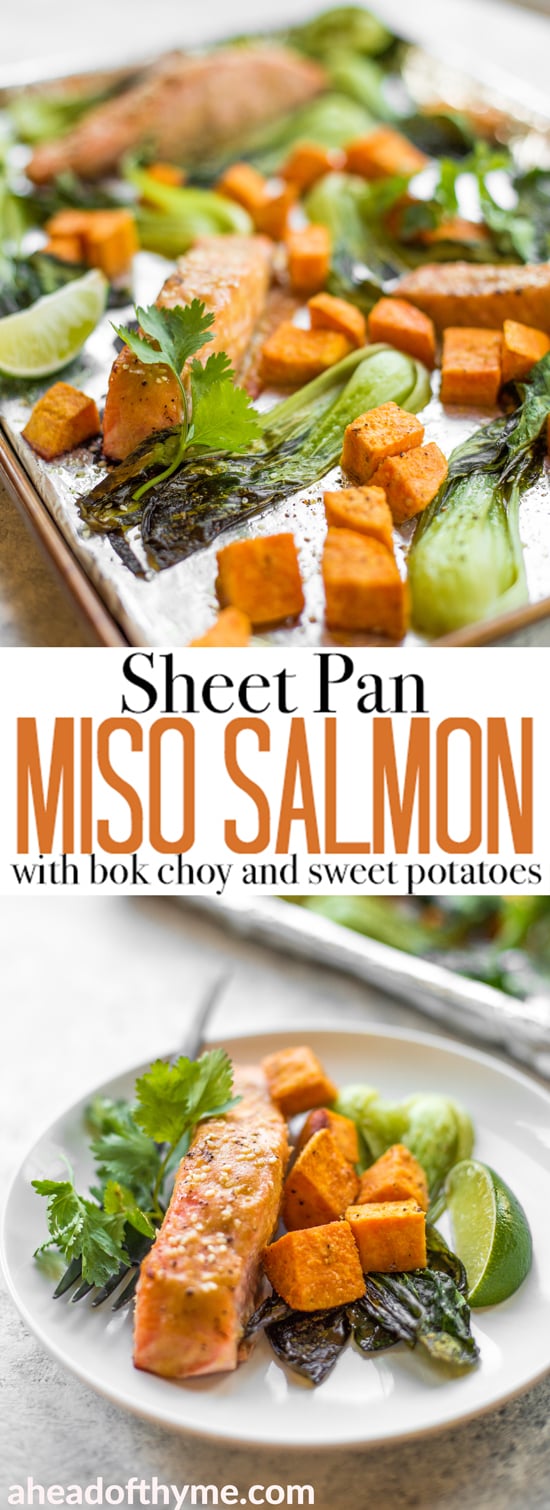 Sheet pan miso salmon with bok choy and sweet potatoes equals unbelievable bursts of umami flavour in every single bite. Plus it's on the table in 30 minutes AND is super easy to clean up! | aheadofthyme.com