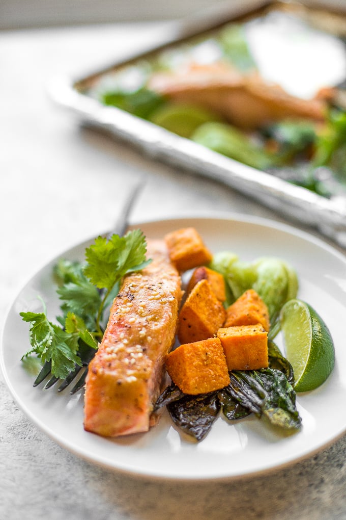 Sheet pan miso salmon with bok choy and sweet potatoes equals unbelievable bursts of umami flavour in every single bite. Plus it's on the table in 30 minutes AND is super easy to clean up! | aheadofthyme.com