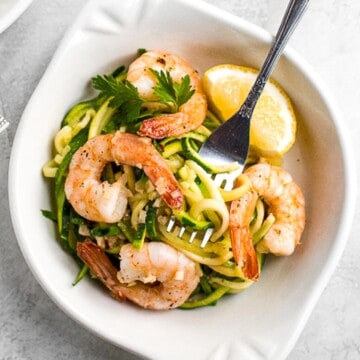 Shrimp scampi with zucchini noodles is a low-carb, keto, and gluten-free version of a classic pasta dish. It is healthy, garlicky, flavorful, and delicious. | aheadofthyme.com