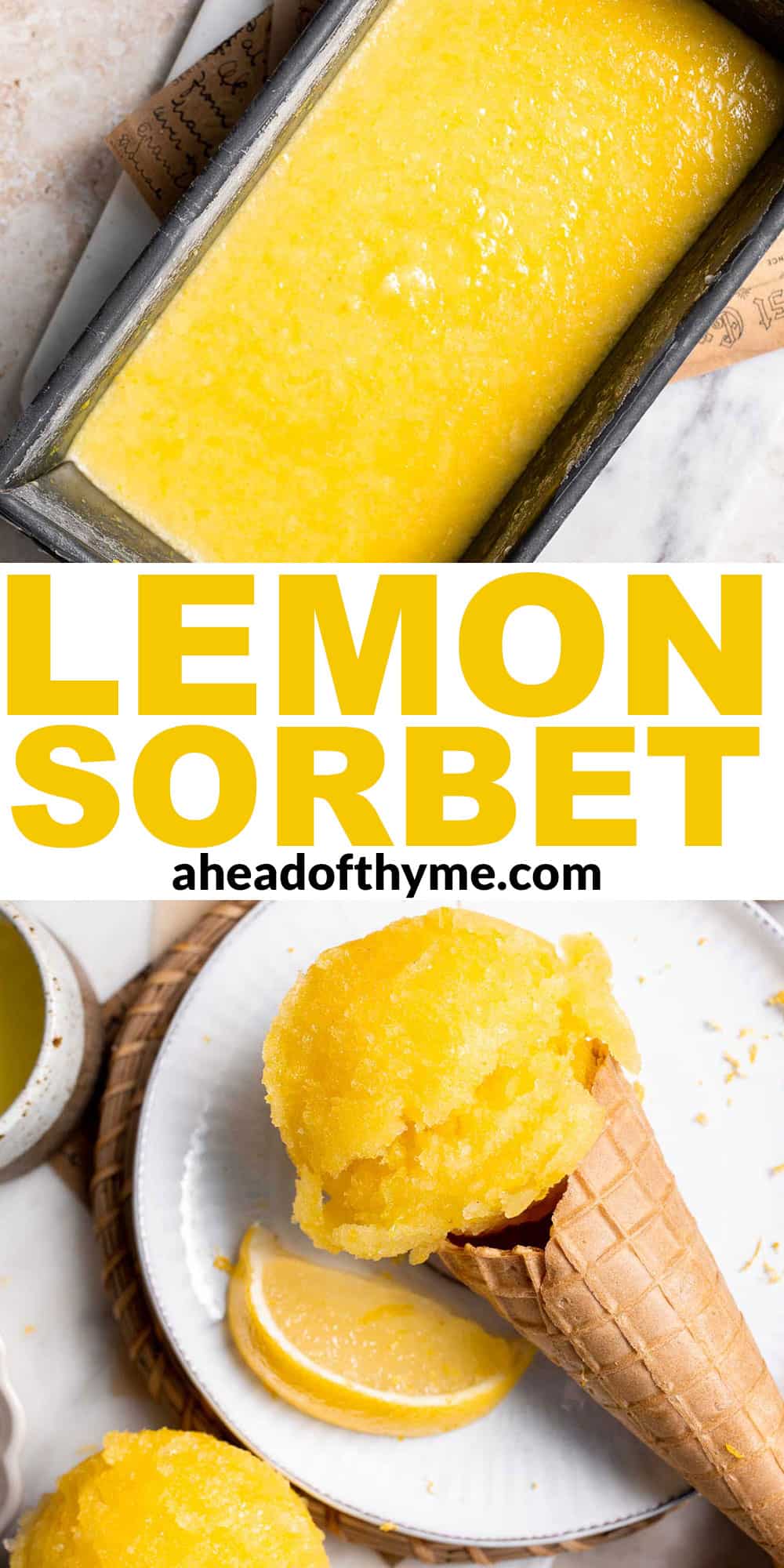 Looking for a refreshing summer treat? Try this easy, all-natural lemon sorbet, made with the added health benefits of turmeric for a bright yellow color. | aheadofthyme.com