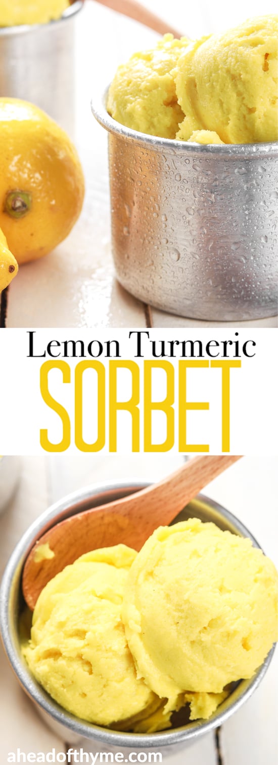 Grab a few easy ingredients, throw them in the blender and in a fews hours, a refreshing and unbelievably healthy lemon turmeric sorbet will be all set and ready for digging in!! | aheadofthyme.com