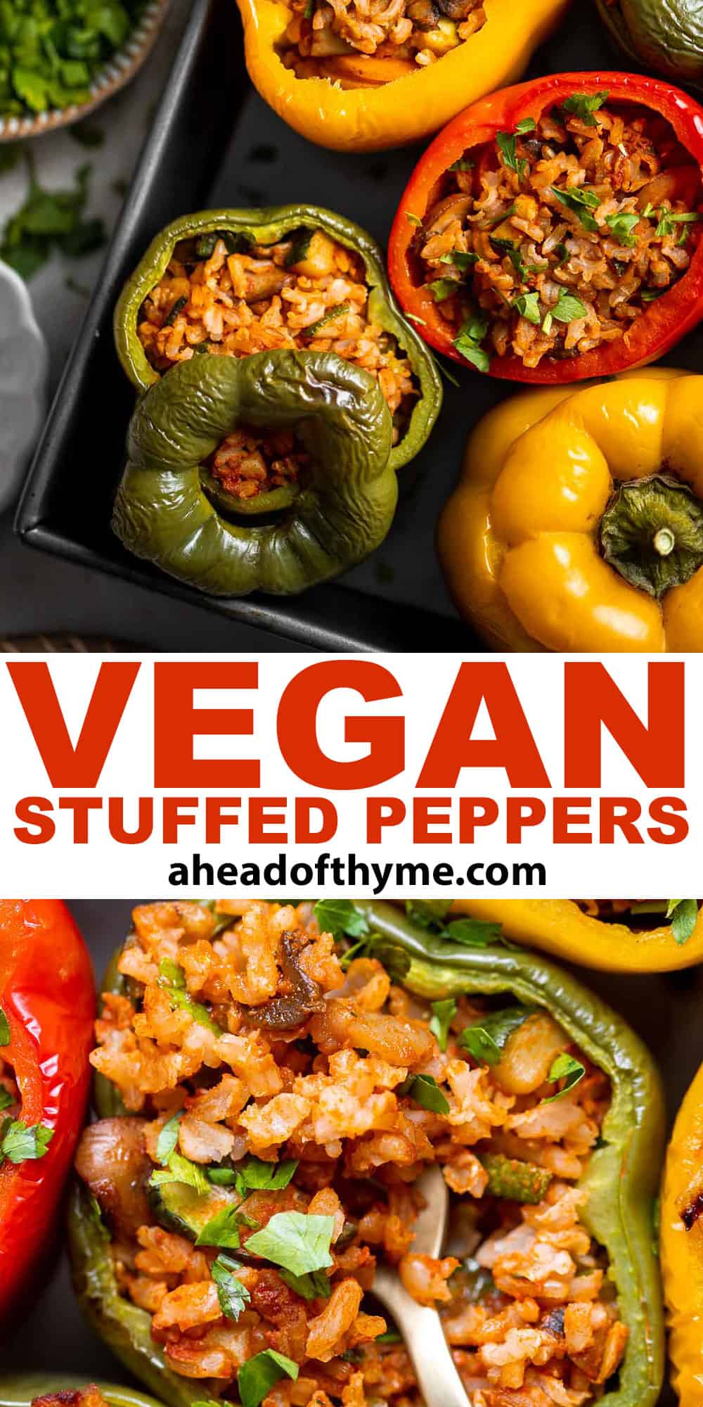 Vegan Stuffed Peppers are stuffed with pan-fried mushrooms, tender rice, and veggies, making them flavorful and filling. Easy to make in under an hour! | aheadofthyme.com