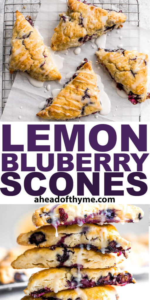 Light, tender and flakey, glazed lemon blueberry scones are crunchy and golden on the outside, soft and moist in the middle, with a drizzle of lemon glaze. | aheadofthyme.com