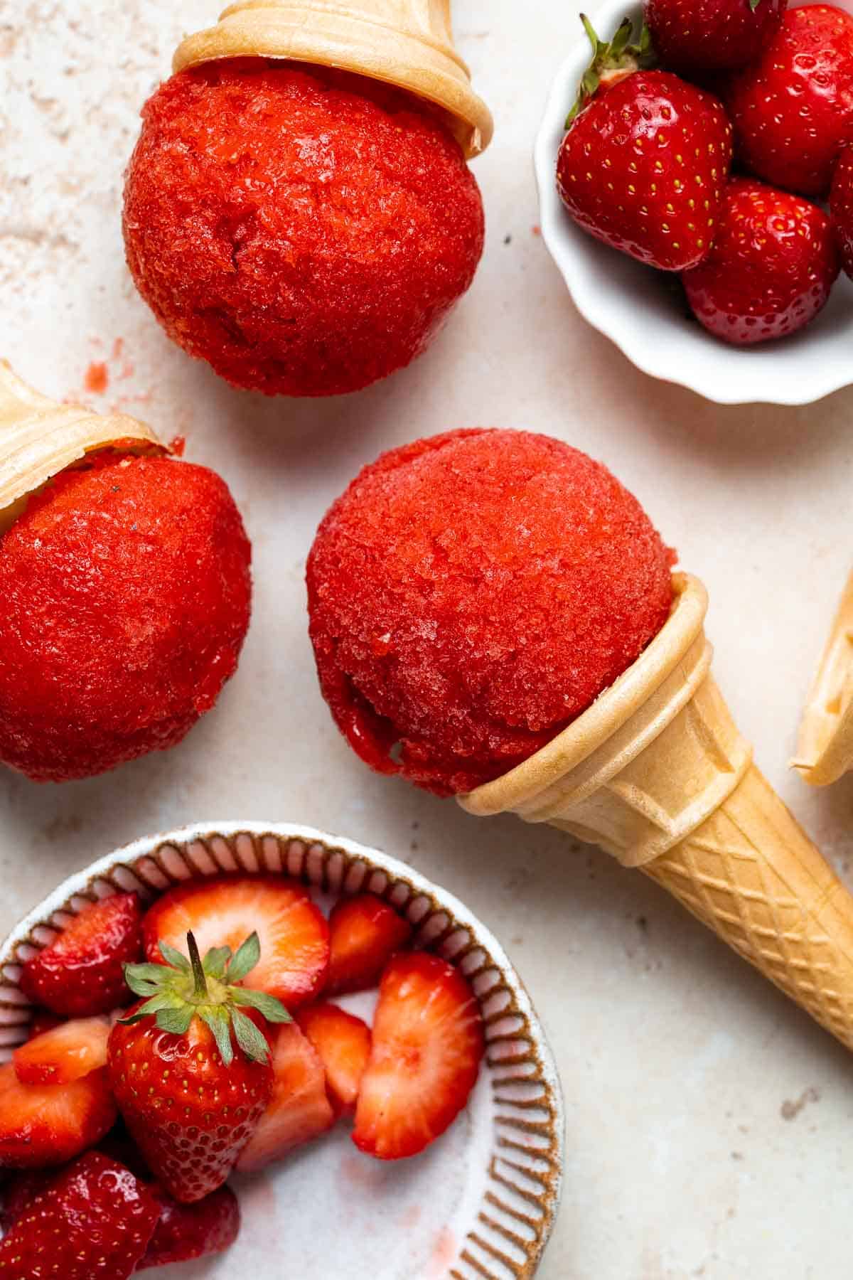 This 3-ingredient Strawberry Sorbet is a refreshing, healthy, vegan, and gluten-free frozen treat to enjoy on a hot day. Plus, no ice cream maker required! | aheadofthyme.com