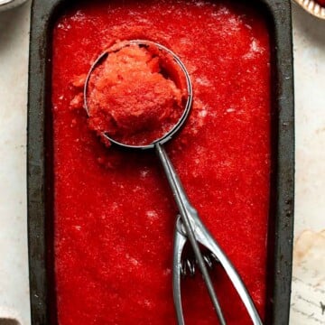 This 3-ingredient Strawberry Sorbet is a refreshing, healthy, vegan, and gluten-free frozen treat to enjoy on a hot day. Plus, no ice cream maker required! | aheadofthyme.com