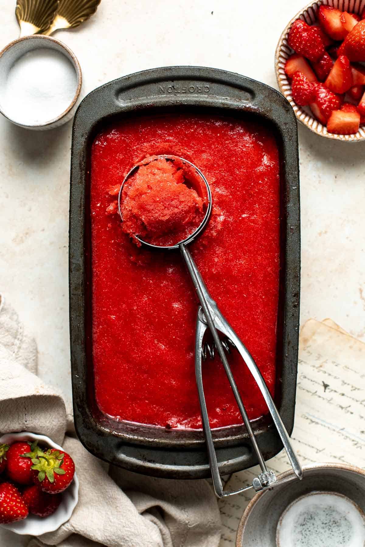 This 3-ingredient Strawberry Sorbet is a refreshing, healthy, vegan, and gluten-free frozen treat to enjoy on a hot day. Plus, no ice cream maker required! | aheadofthyme.com