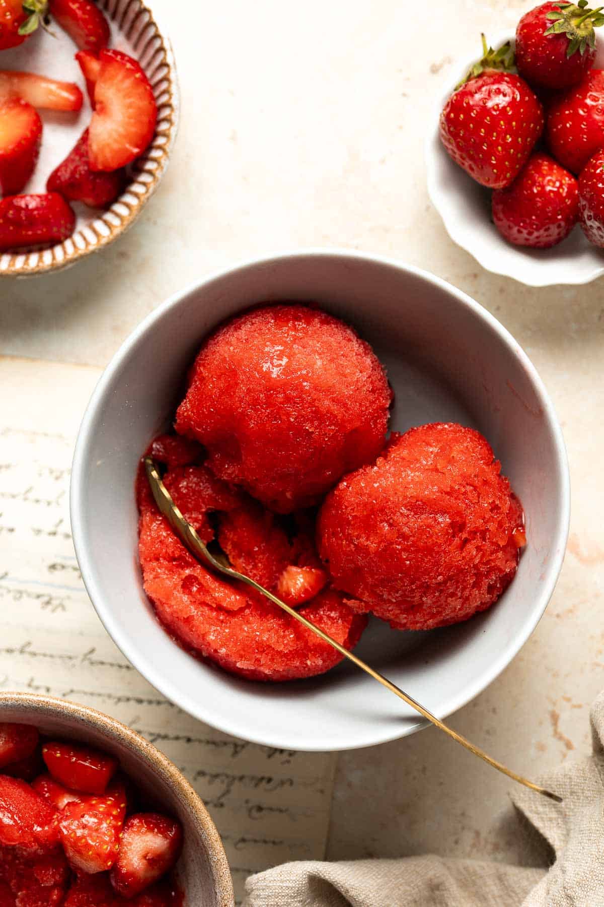 This 3-ingredient Strawberry Sorbet is a refreshing, healthy, vegan, and gluten-free frozen treat to enjoy on a hot day. Plus, no ice cream maker required! | aheadofthyme.com