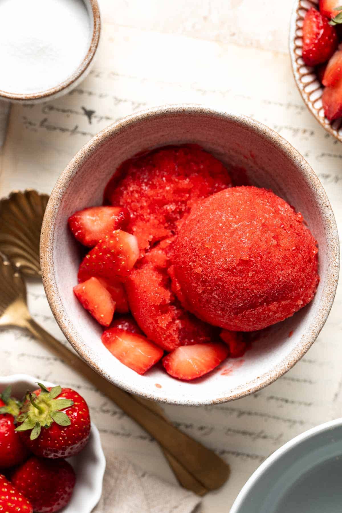 This 3-ingredient Strawberry Sorbet is a refreshing, healthy, vegan, and gluten-free frozen treat to enjoy on a hot day. Plus, no ice cream maker required! | aheadofthyme.com