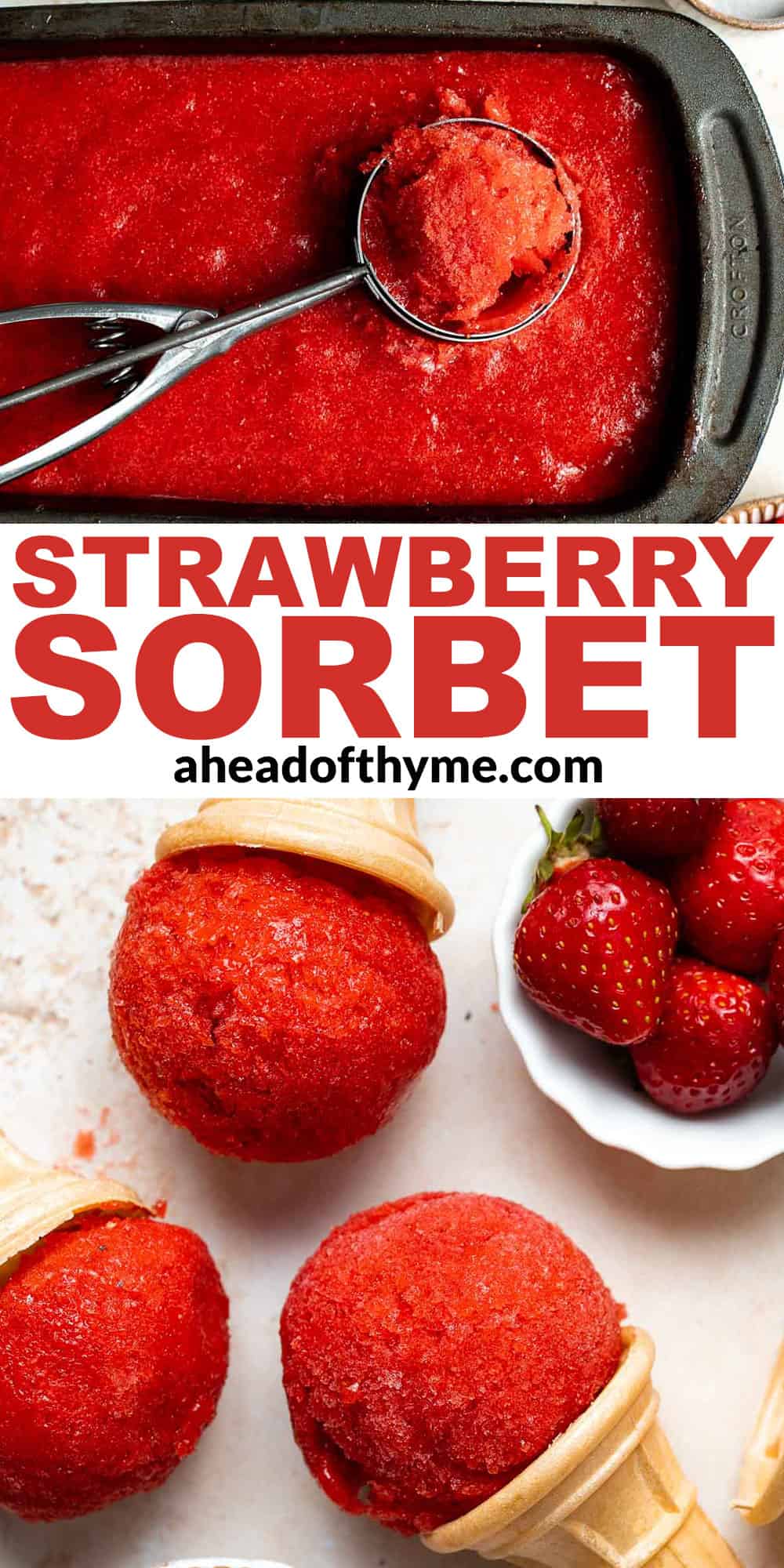 This 3-ingredient Strawberry Sorbet is a refreshing, healthy, vegan, and gluten-free frozen treat to enjoy on a hot day. Plus, no ice cream maker required! | aheadofthyme.com