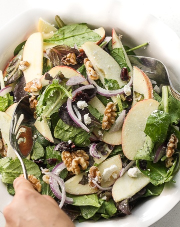 Have an apple today and keep the doctor away with this fresh, fall favourite -- apple walnut salad with homemade balsamic vinaigrette. Throw together crisp apples, crunchy walnuts, and sweet cranberries for a taste of the holidays. | aheadofthyme.com