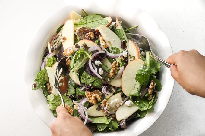 Have an apple today and keep the doctor away with this fresh, fall favourite -- apple walnut salad with homemade balsamic vinaigrette. Throw together crisp apples, crunchy walnuts, and sweet cranberries for a taste of the holidays. | aheadofthyme.com