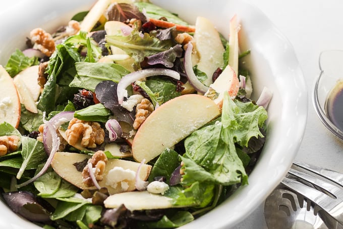 Have an apple today and keep the doctor away with this fresh, fall favourite -- apple walnut salad with homemade balsamic vinaigrette. Throw together crisp apples, crunchy walnuts, and sweet cranberries for a taste of the holidays. | aheadofthyme.com