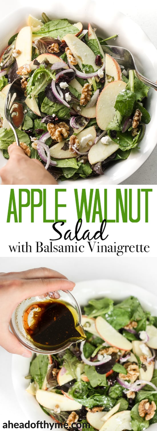 Have an apple today and keep the doctor away with this fresh, fall favourite -- apple walnut salad with homemade balsamic vinaigrette. Throw together crisp apples, crunchy walnuts, and sweet cranberries for a taste of the holidays. | aheadofthyme.com