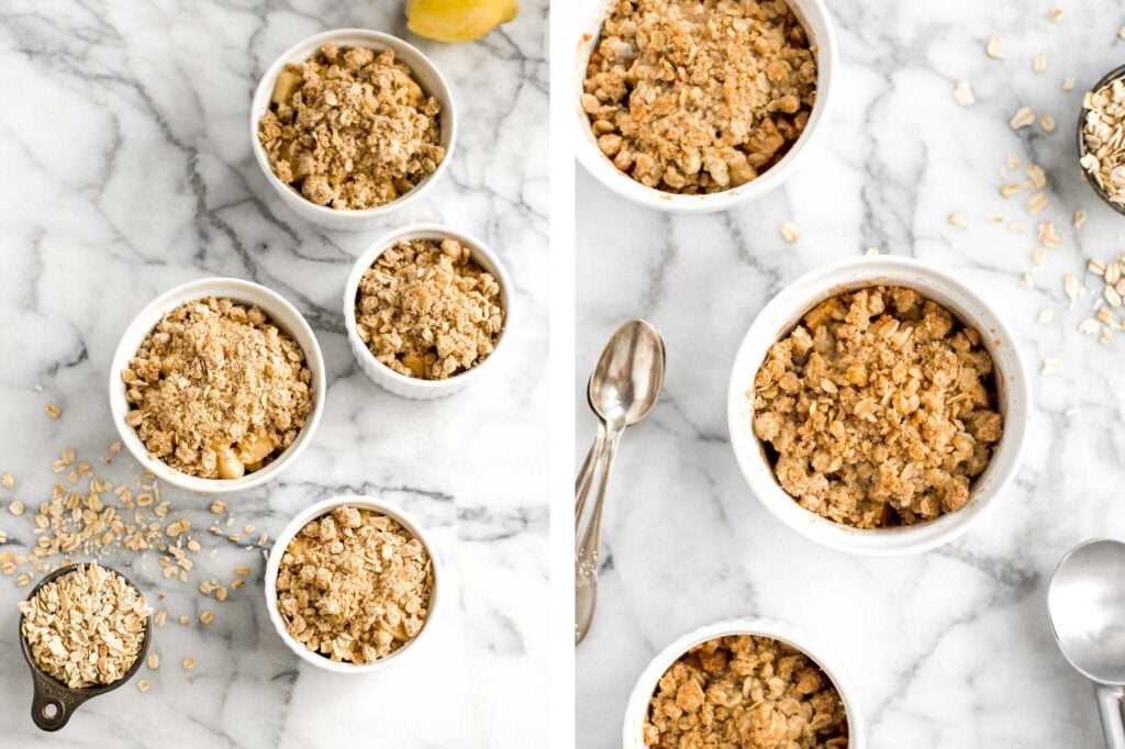 Individual apple crisp is a sweet tart fall dessert served in single-sized portions with all the crunchy corners of crumble. And so quick and easy to prep. | aheadofthyme.com