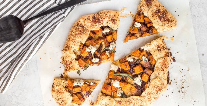 This butternut squash galette (free-form tart) is the perfect meal any time of day! Serve it with a fried egg for breakfast or alongside a big salad for lunch or dinner. | aheadofthyme.com