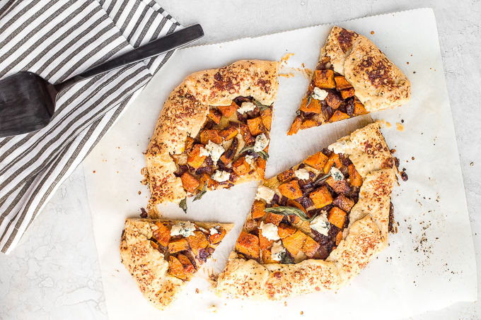 This butternut squash galette (free-form tart) is the perfect meal any time of day! Serve it with a fried egg for breakfast or alongside a big salad for lunch or dinner. | aheadofthyme.com