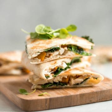 Quick and easy butternut squash quesadillas with chicken and kale is the best fall weeknight meal. It's flavourful, so cheesy, and has the perfect crunch. | aheadofthyme.com