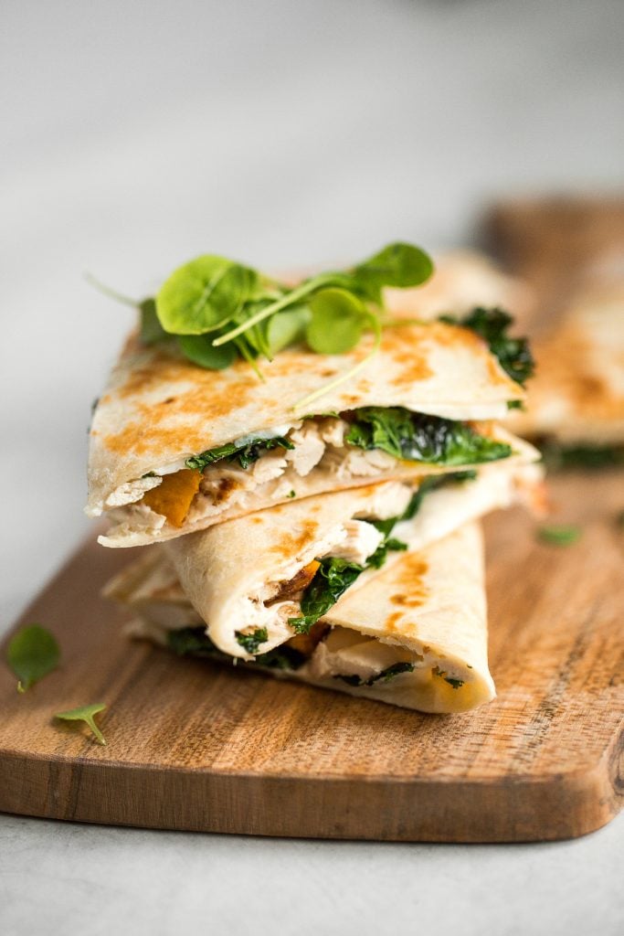 Quick and easy butternut squash quesadillas with chicken and kale is the best fall weeknight meal. It's flavourful, so cheesy, and has the perfect crunch. | aheadofthyme.com