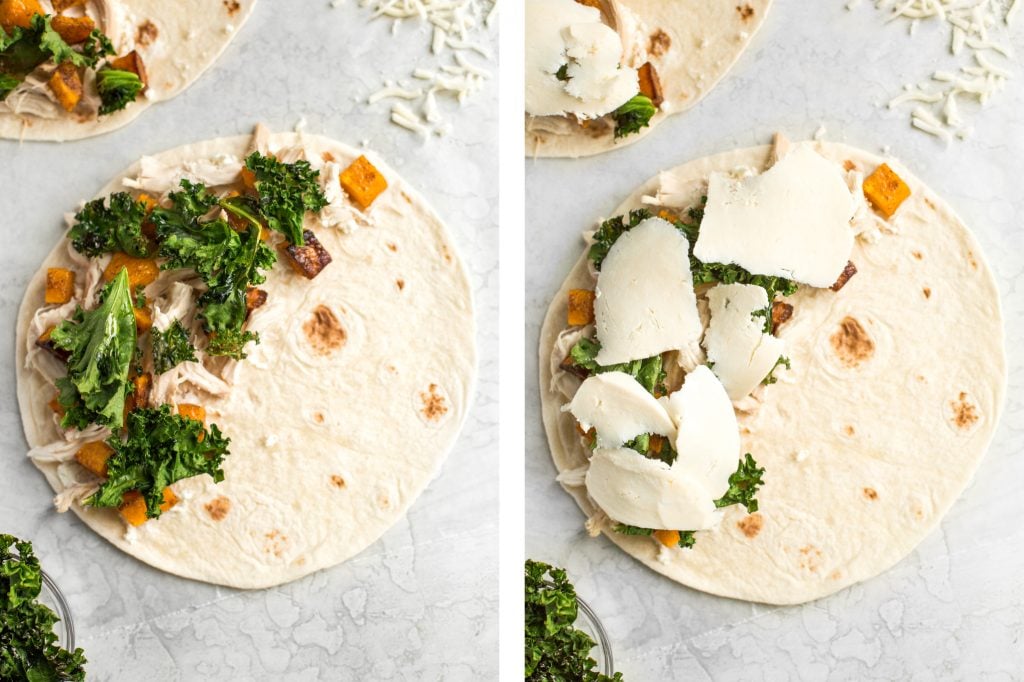 Quick and easy butternut squash quesadillas with chicken and kale is the best fall weeknight meal. It's flavourful, so cheesy, and has the perfect crunch. | aheadofthyme.com