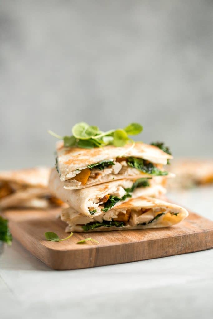 Quick and easy butternut squash quesadillas with chicken and kale is the best fall weeknight meal. It's flavourful, so cheesy, and has the perfect crunch. | aheadofthyme.com