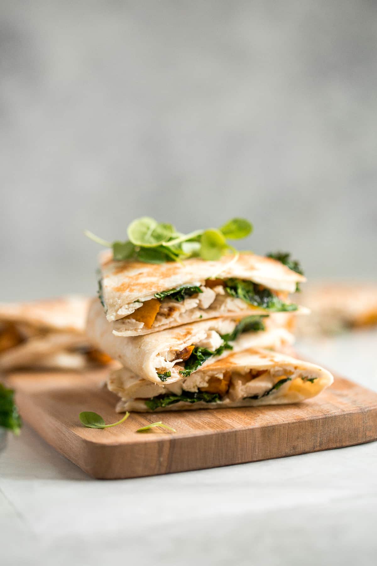 Quick and easy butternut squash quesadillas with chicken and kale is the best fall weeknight meal. It's flavourful, so cheesy, and has the perfect crunch. | aheadofthyme.com