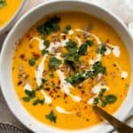 Carrot Pumpkin Soup is wholesome, nutritious, and delicious. It’s quick and easy comfort food that’s perfect to feed the family on lazy weeknights. | aheadofthyme.com