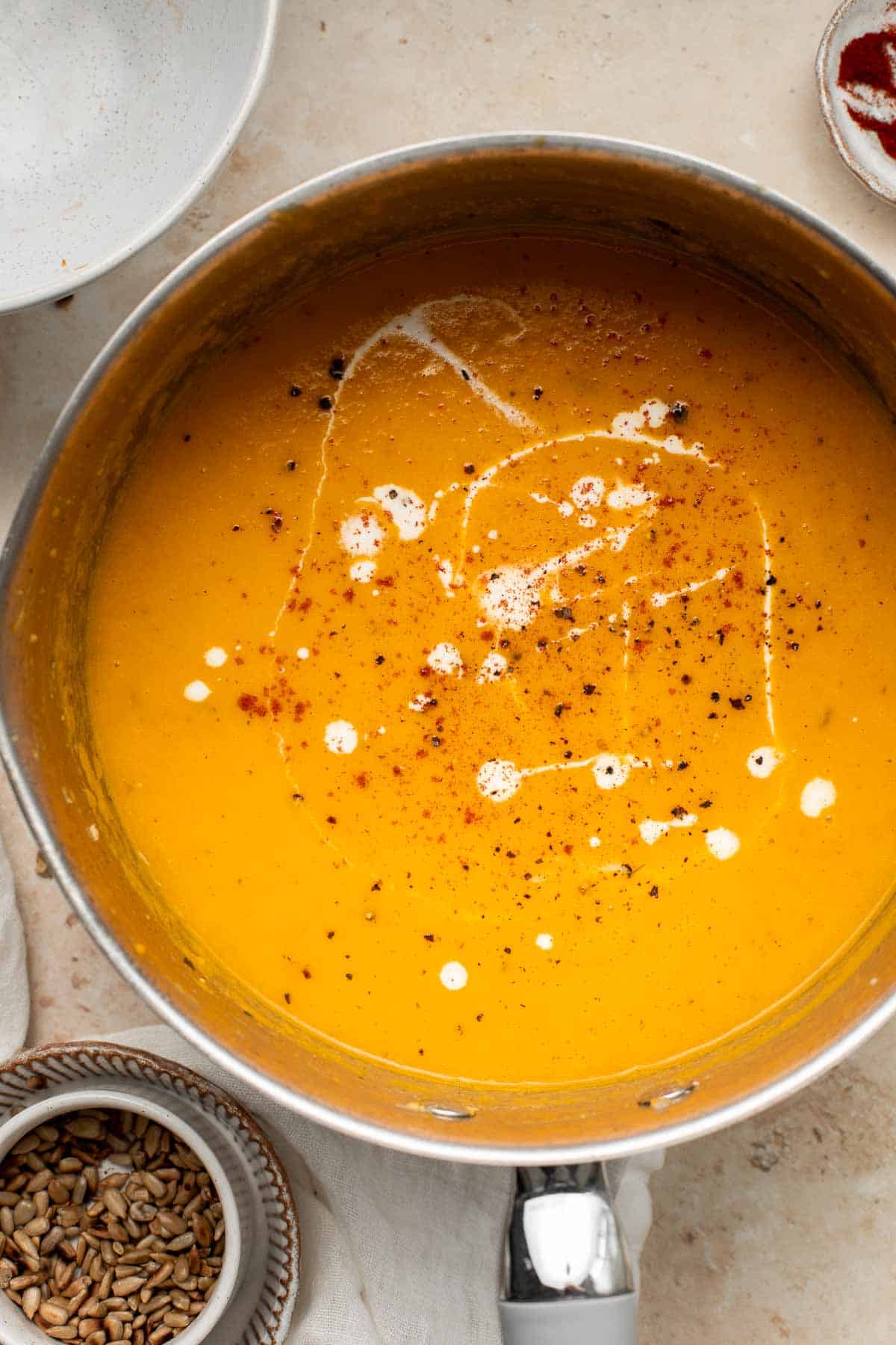 Carrot Pumpkin Soup is wholesome, nutritious, and delicious. It’s quick and easy comfort food that’s perfect to feed the family on lazy weeknights. | aheadofthyme.com