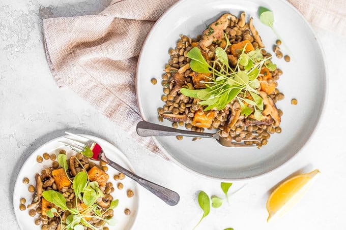 This warm lentil salad with butternut squash and shiitake mushrooms is the most comforting vegetarian main! Completely satisfying on its own or served with roasted chicken or salmon. | aheadofthyme.com