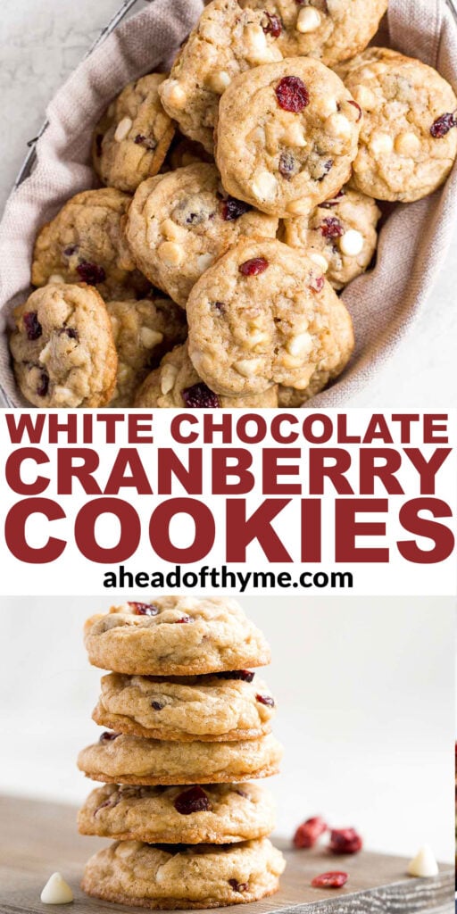 Soft and chewy white chocolate cranberry cookies are golden brown with crisp edges, quick and easy, and freeze well — the perfect holiday cookie. | aheadofthyme.com