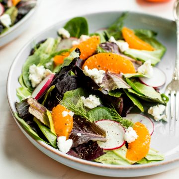 Healthy and light, goat cheese and tangelo winter salad with creamy caesar dressing is flavourful, crunchy and takes just minutes to prepare. | aheadofthyme.com