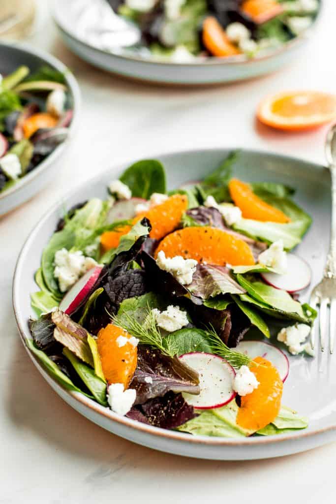 Healthy and light, goat cheese and tangelo winter salad with creamy caesar dressing is flavourful, crunchy and takes just minutes to prepare. | aheadofthyme.com