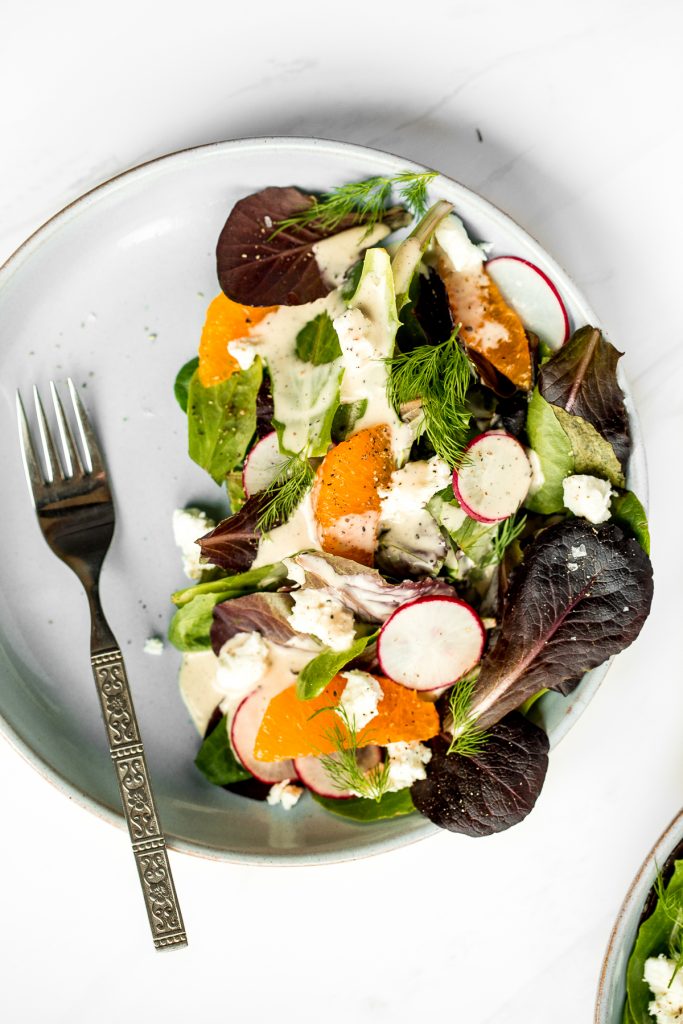 Healthy and light, goat cheese and tangelo winter salad with creamy caesar dressing is flavourful, crunchy and takes just minutes to prepare. | aheadofthyme.com
