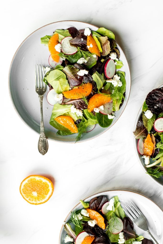 Healthy and light, goat cheese and tangelo winter salad with creamy caesar dressing is flavourful, crunchy and takes just minutes to prepare. | aheadofthyme.com