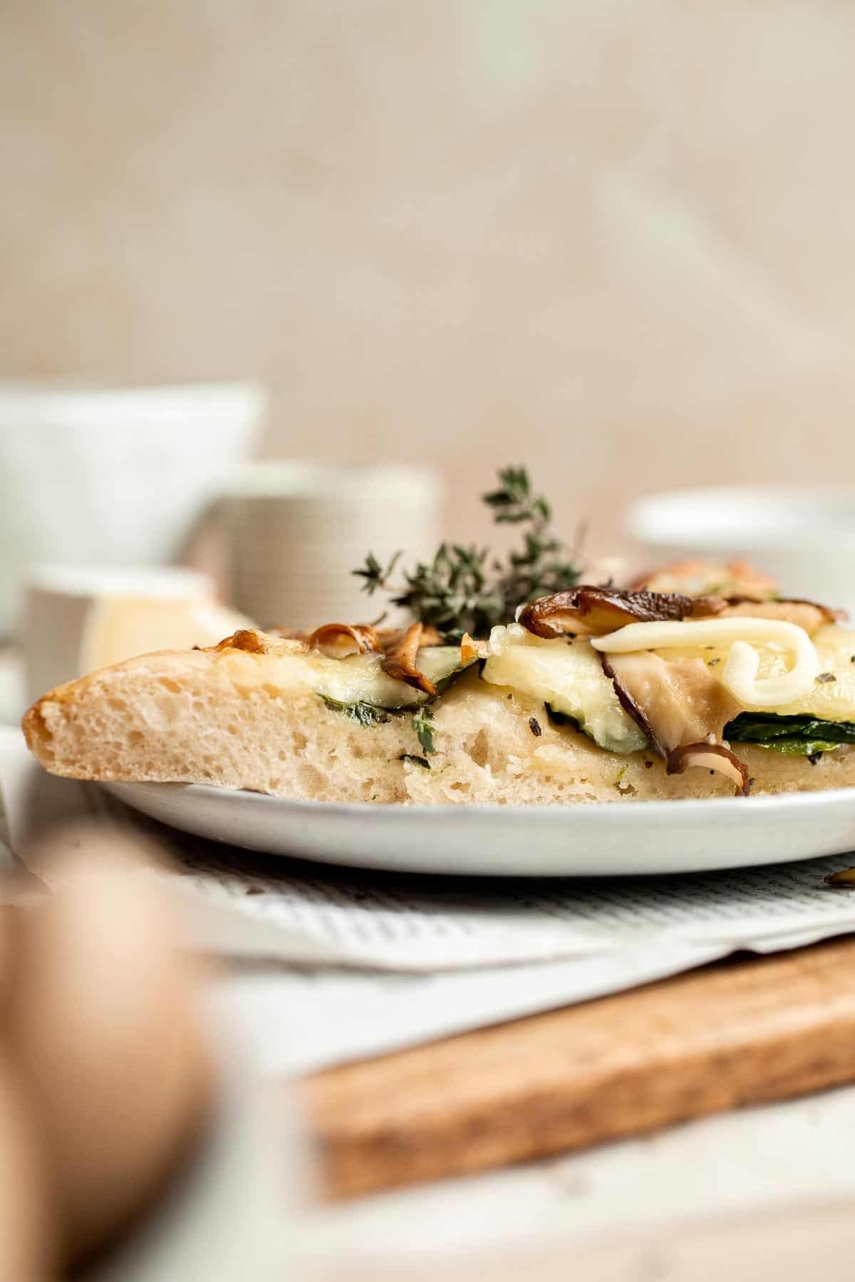 Mushroom Flatbread with Spinach made with homemade pizza dough, truffle Italian cheeses, and shiitake mushrooms, makes a perfect appetizer or simple dinner. | aheadofthyme.com