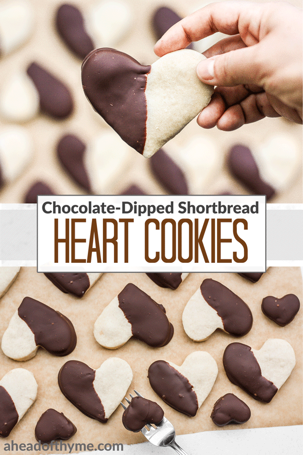 Celebrate love this Valentine's Day with adorable chocolate-dipped shortbread heart cookies for your hunny. Try and just have one! | aheadofthyme.com