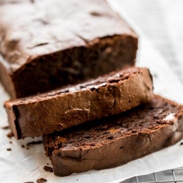 This fudgy double chocolate loaf cake is delicious, moist, and rich. It's easy to make with a quick one-bowl batter that's ready for the oven in 10 minutes. | aheadofthyme.com