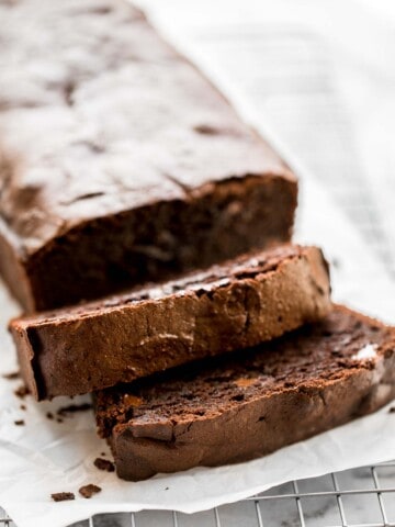 This fudgy double chocolate loaf cake is delicious, moist, and rich. It's easy to make with a quick one-bowl batter that's ready for the oven in 10 minutes. | aheadofthyme.com