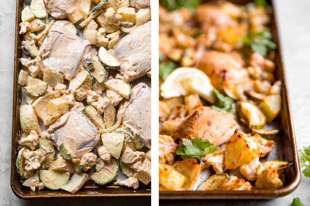 In under 30 minutes, create intensely flavourful tandoori chicken sheet pan dinner loaded with vegetables, any night of the week! Good-bye takeout! | aheadofthyme.com