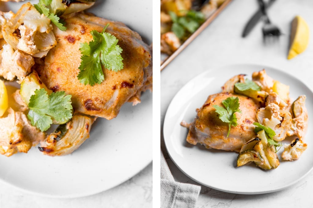 In under 30 minutes, create intensely flavourful tandoori chicken sheet pan dinner loaded with vegetables, any night of the week! Good-bye takeout! | aheadofthyme.com